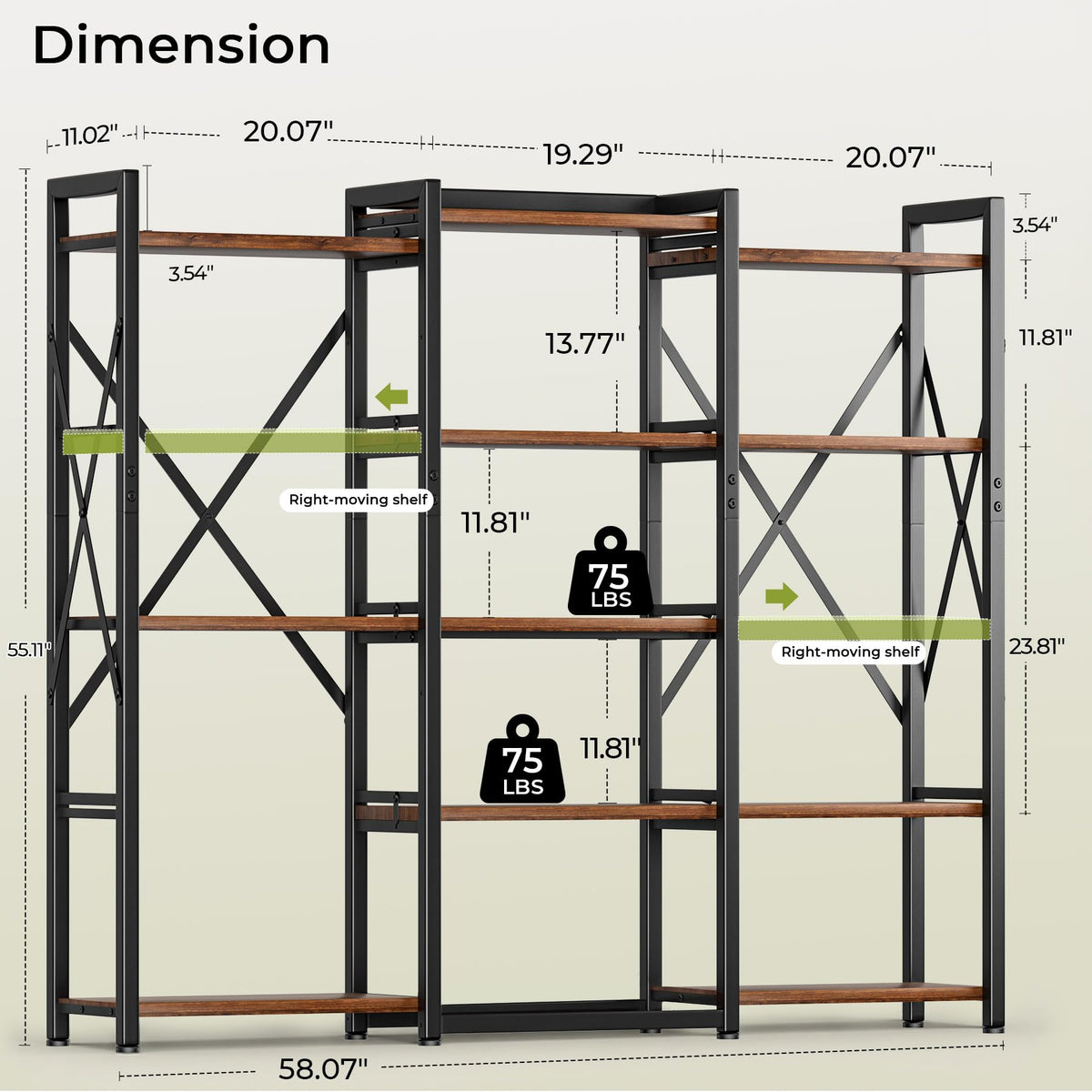 5-Tier Rustic Brown Bookshelf with Metal Frame Q200160