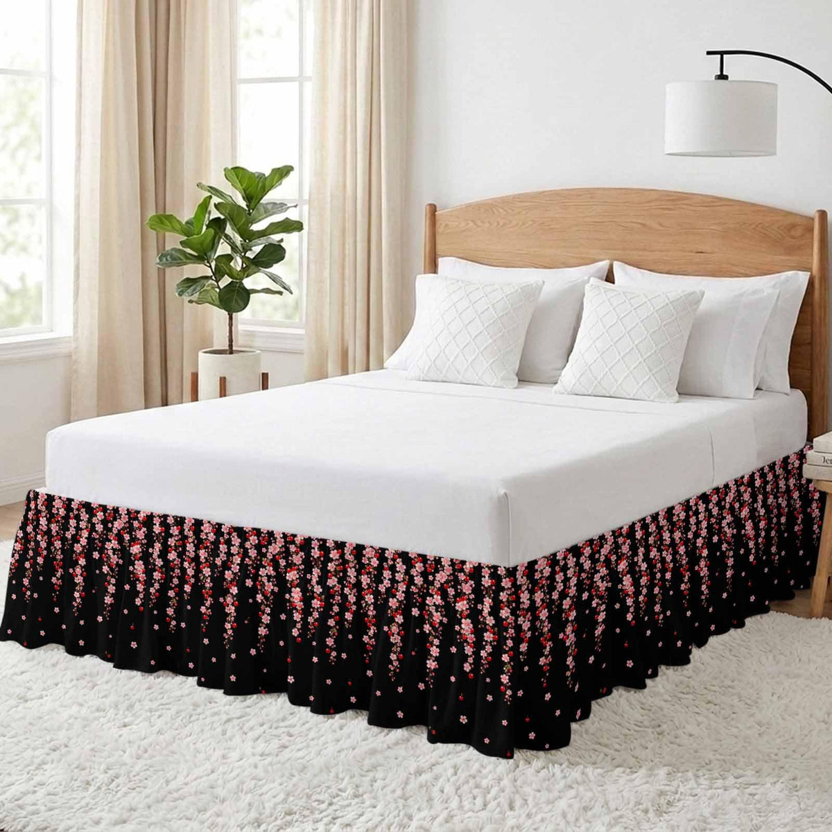 Pink Floral Ruffled Wrap Around Bed Skirt California King 18" Drop W250