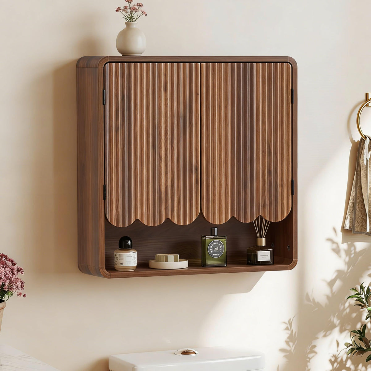Walnut Fluted Bathroom Wall Cabinet Q7182