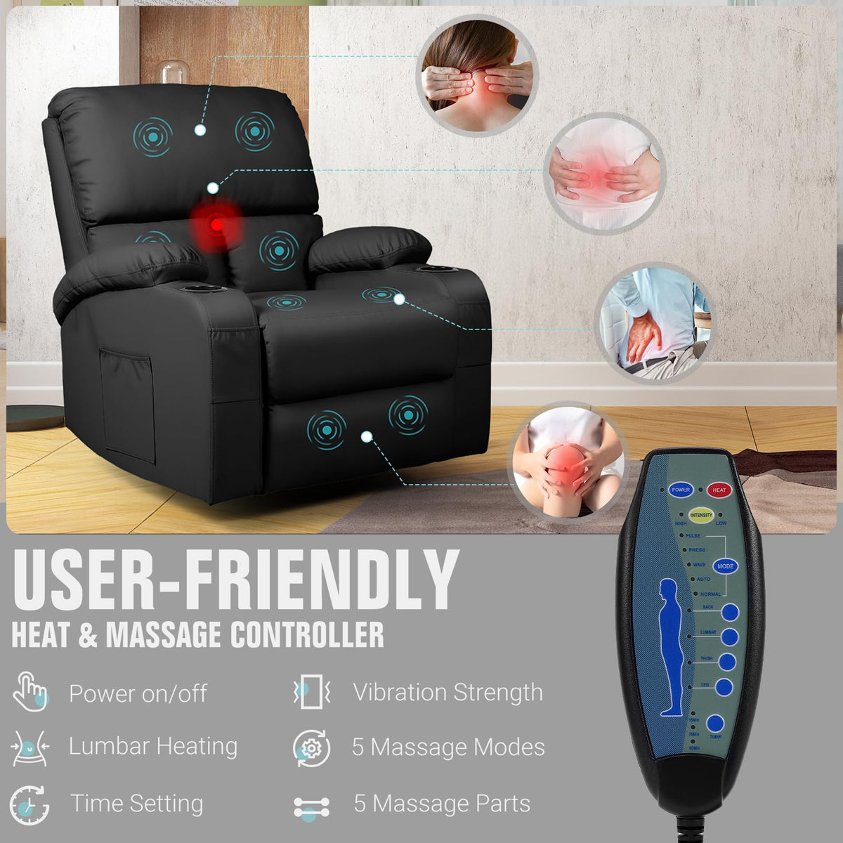 Black Faux Leather Massage Rocking Recliner Chair C7258