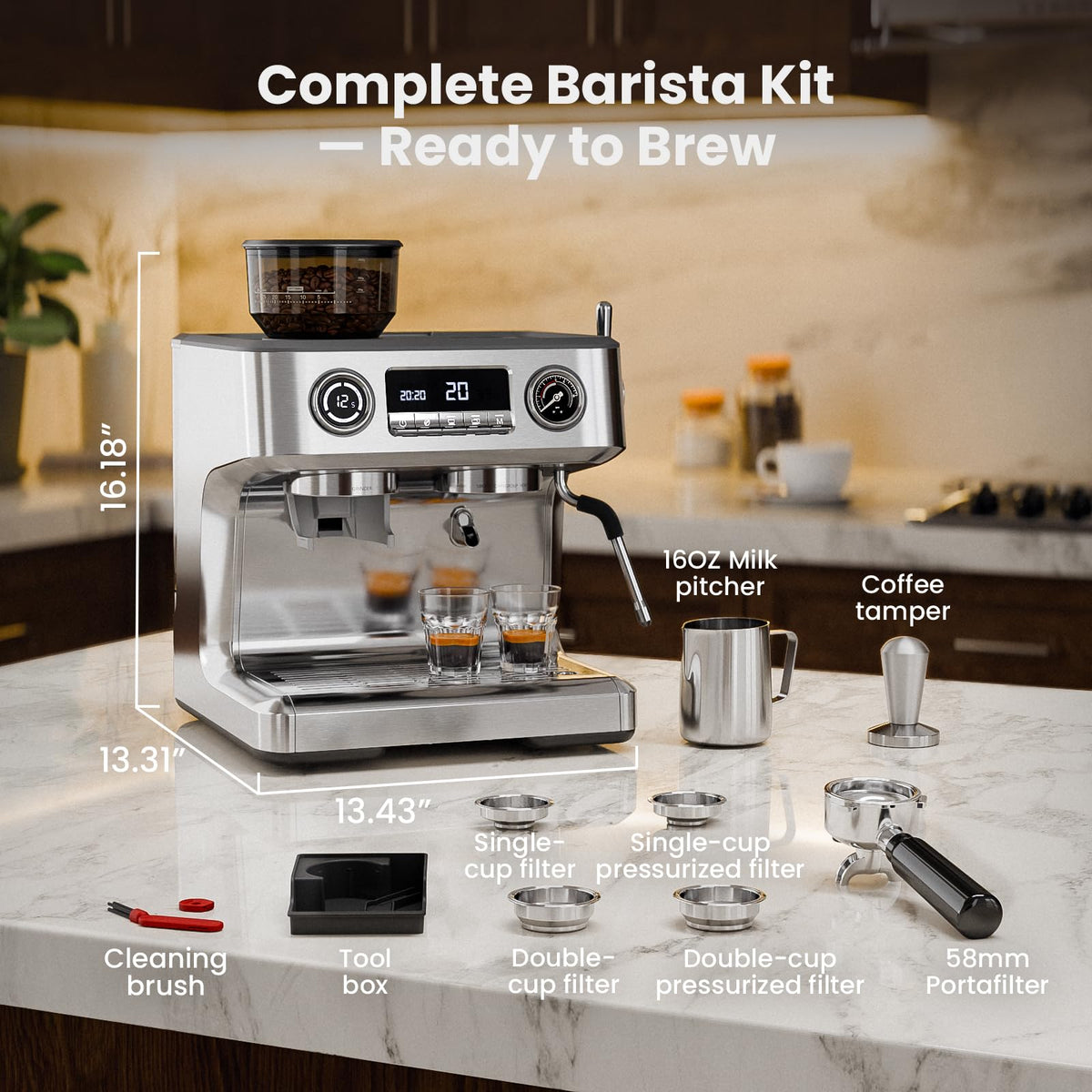 20 Bar Dual Boiler Espresso Machine with Grinder & Milk Steamer K710