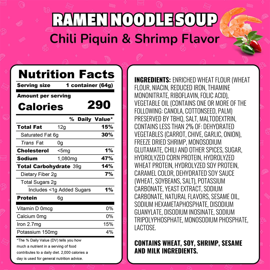 Instant Lunch Ramen Noodles Chili Piquin & Shrimp 2.25 Oz 12 Pack F6553