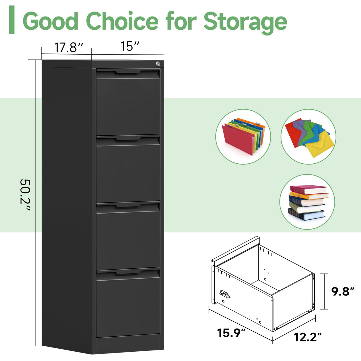 Black 4 Drawer Metal File Cabinet with Lock X382744