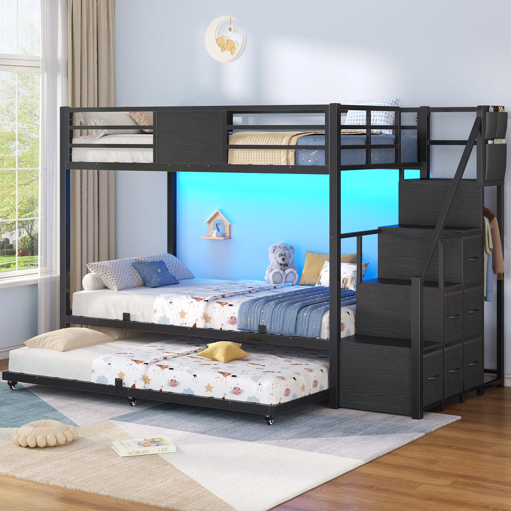 Twin Over Twin Bunk Bed with Trundle, Stairs, 6 Drawers, LED Lights O155559