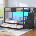 Twin Over Twin Bunk Bed with Trundle, Stairs, 6 Drawers, LED Lights O155559