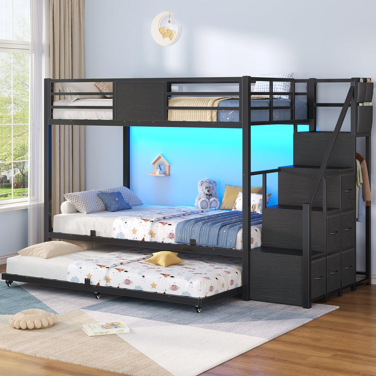 Twin Over Twin Bunk Bed with Trundle, Stairs, 6 Drawers, LED Lights O155559