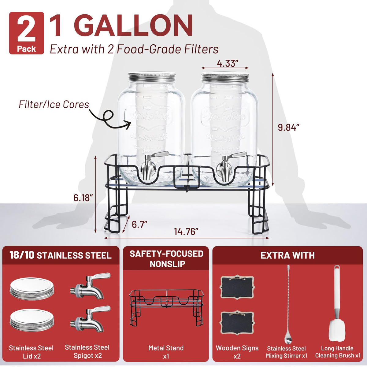 1 Gallon Glass Drink Dispensers 2 Pack with Stand Stainless Steel Spigot G28265