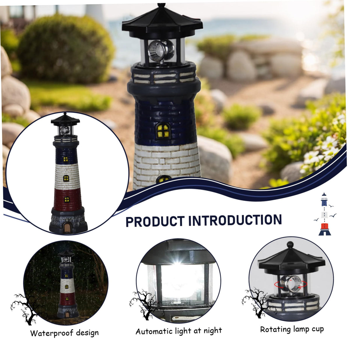 15" Tall Waterproof Resin Lighthouse Lamp with Rotating LED V74425