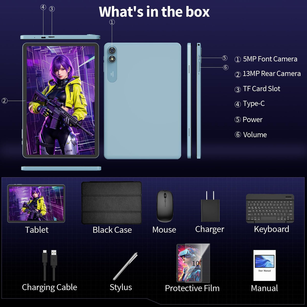 Android 16 Tablet 10 inch 32GB 256GB 2TB Expand Black A69586