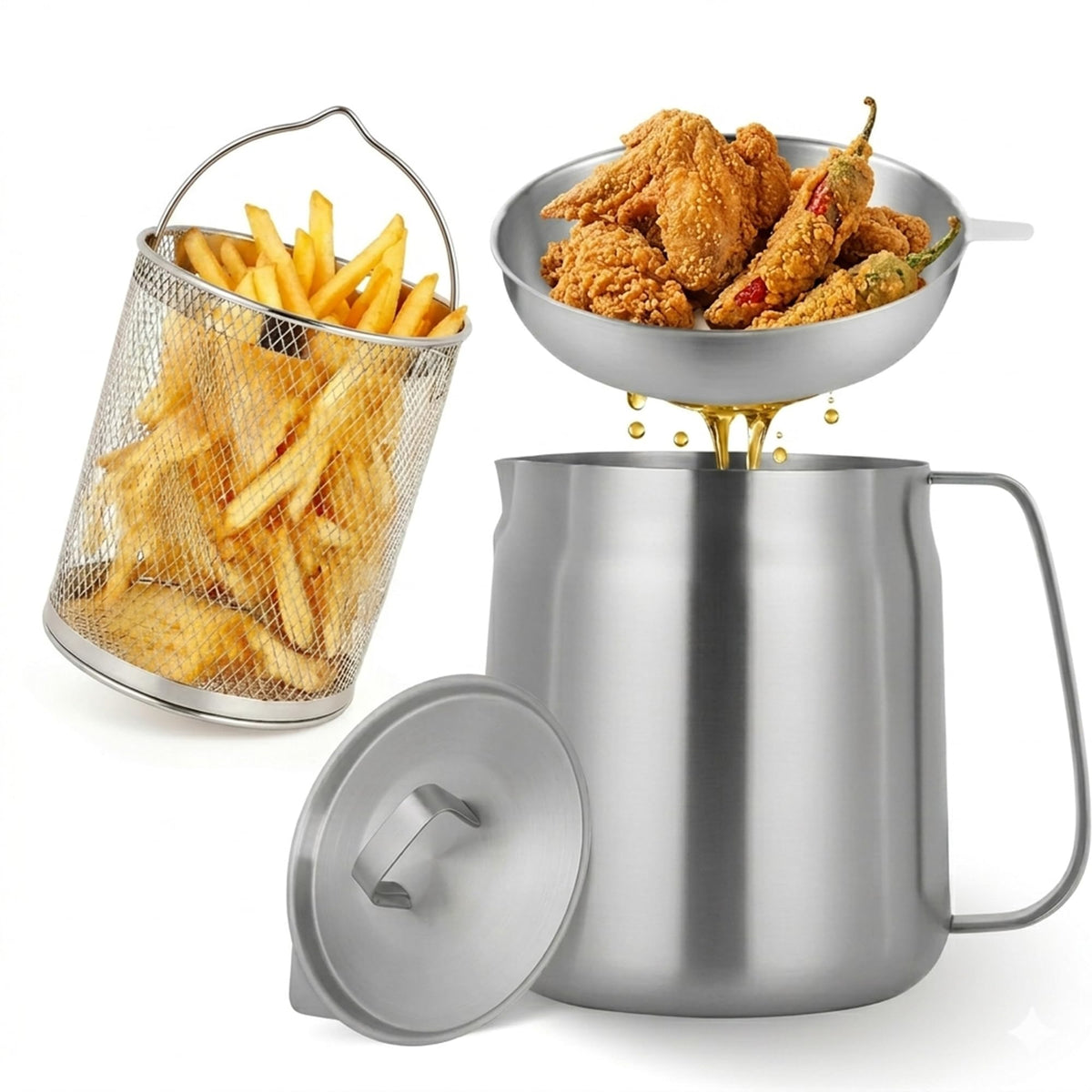 68oz Stainless Steel Oil Filter Pot with Fryer Basket G1637