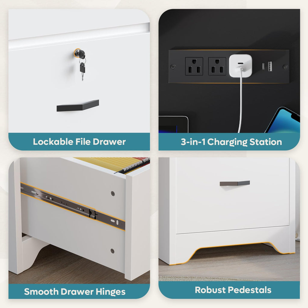 White Office Desk with Lockable Drawers and Charging Station B223