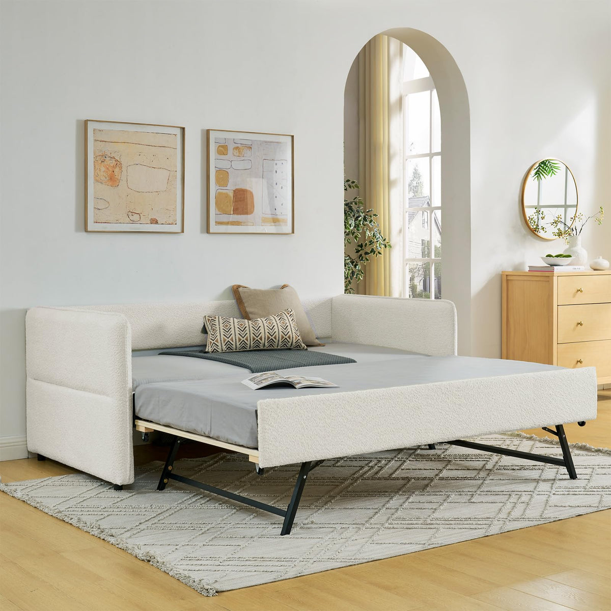 Twin Size Beige Boucle Upholstered Daybed with Trundle L903661