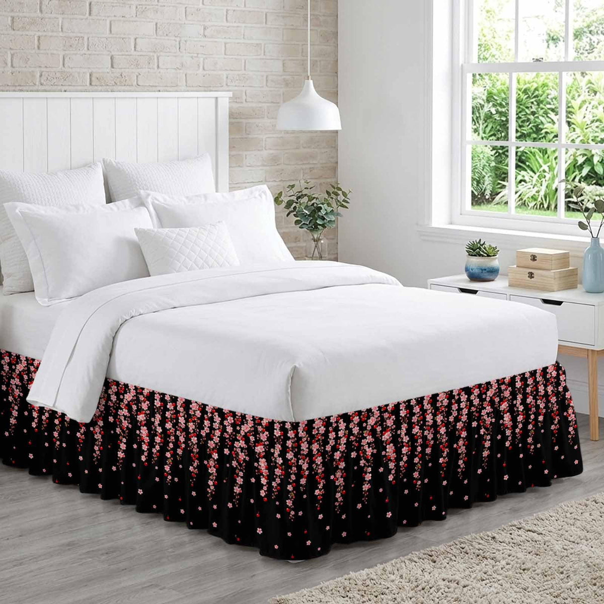 Pink Floral Ruffled Wrap Around Bed Skirt California King 18" Drop W250