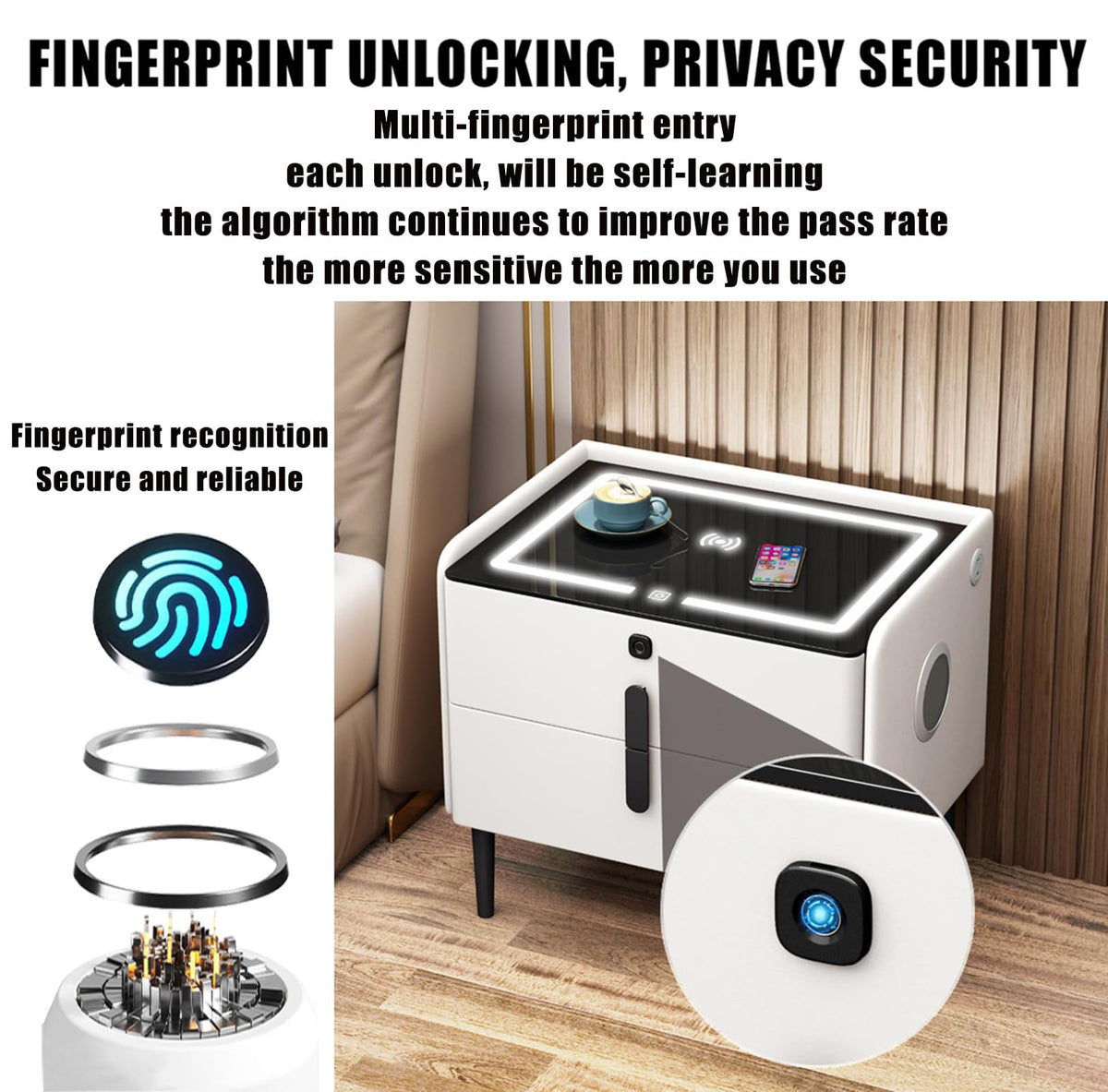 Gray 3 Tier Nightstand with Wireless Charging and Fingerprint Lock J1447