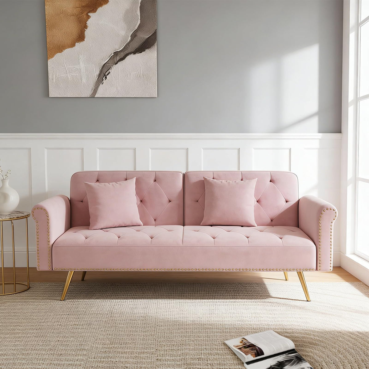 Pink Velvet Futon Sofa Bed E858727