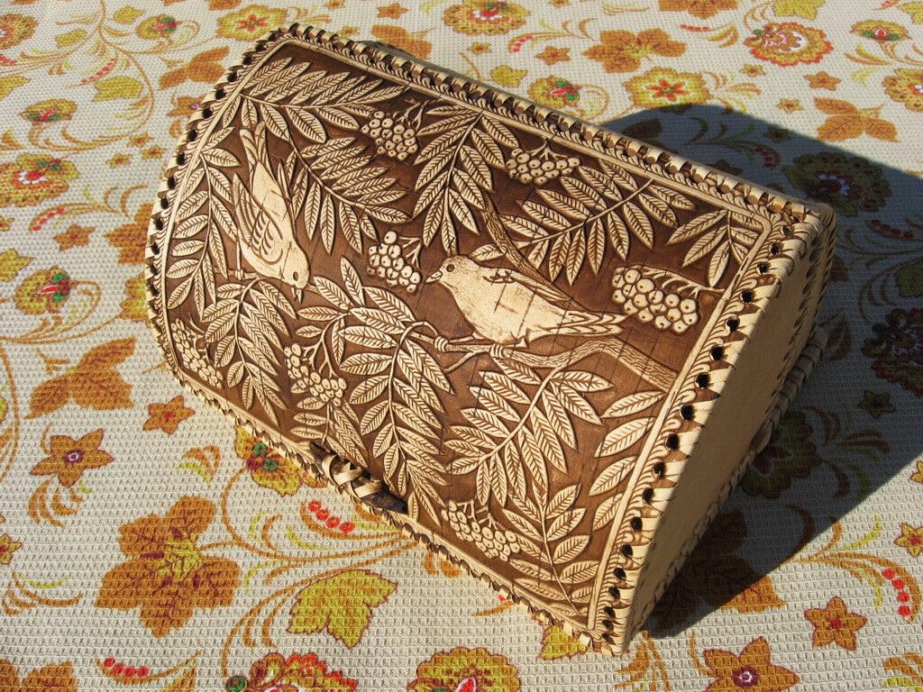 Birds Pattern Birch Bark Bread Box Q328