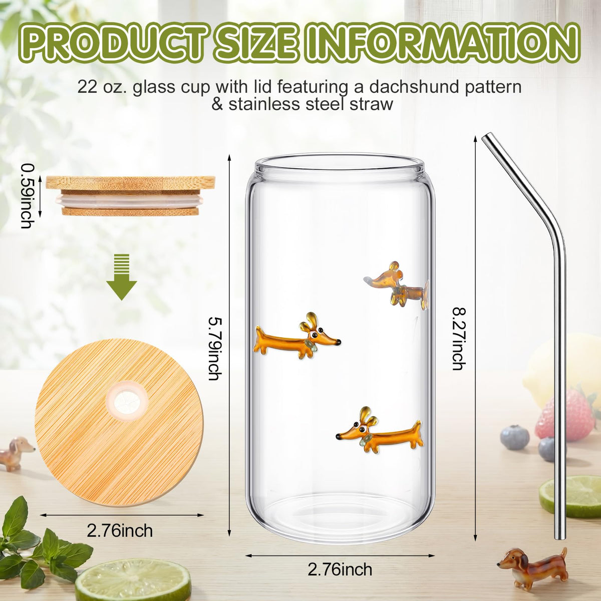 22 oz Dachshund Glass Cup with Lid Straw G93262