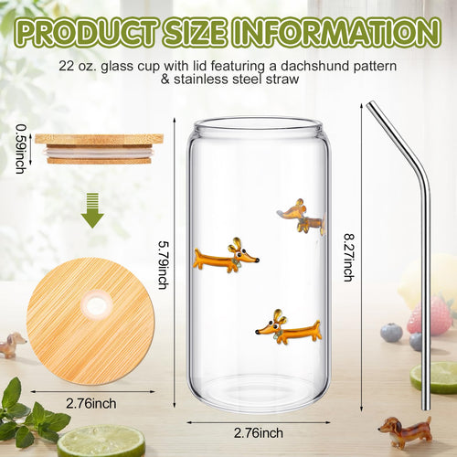 22 oz Dachshund Glass Cup with Lid Straw G93262