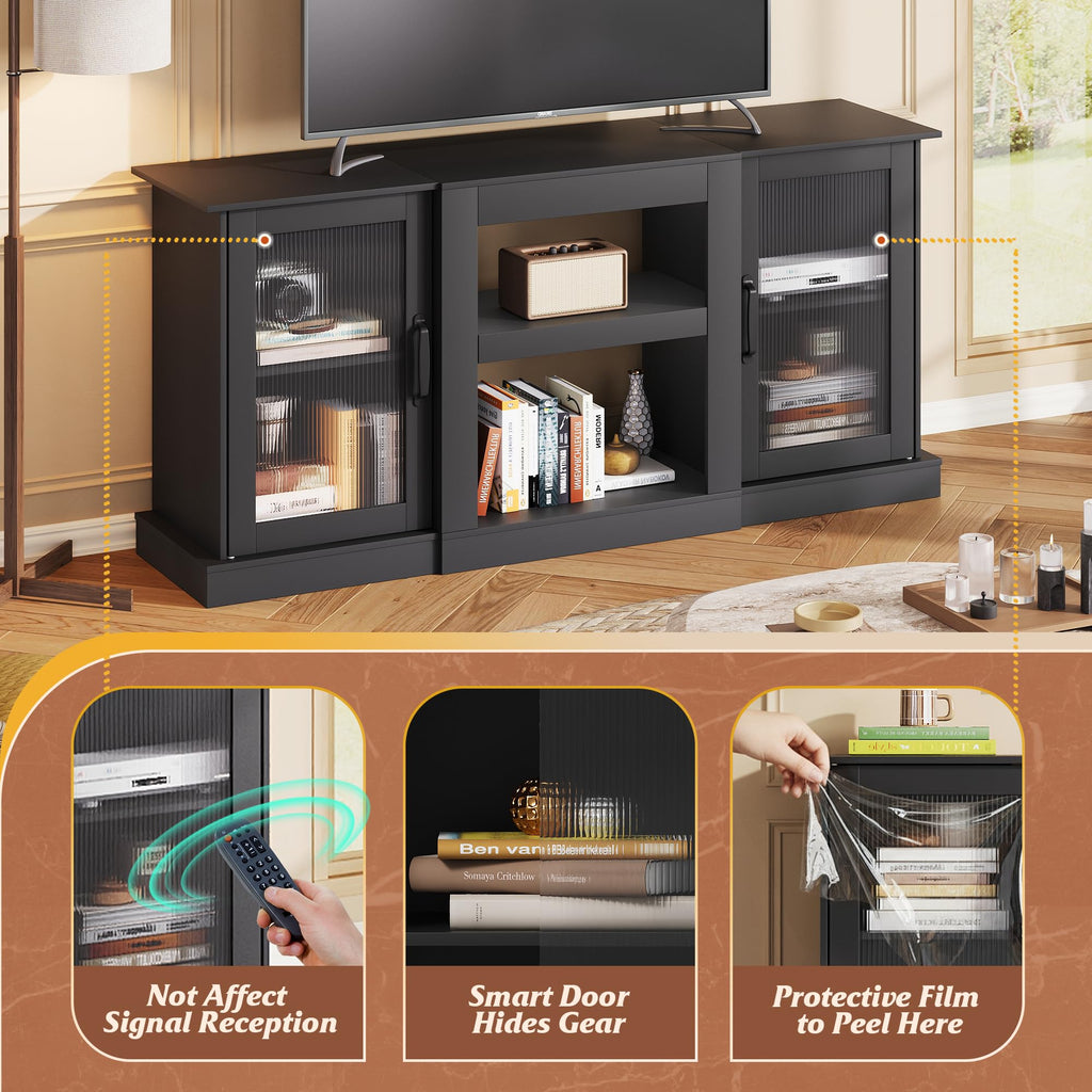 Black 58" TV Stand with Storage Cabinets and Adjustable Shelves A9714