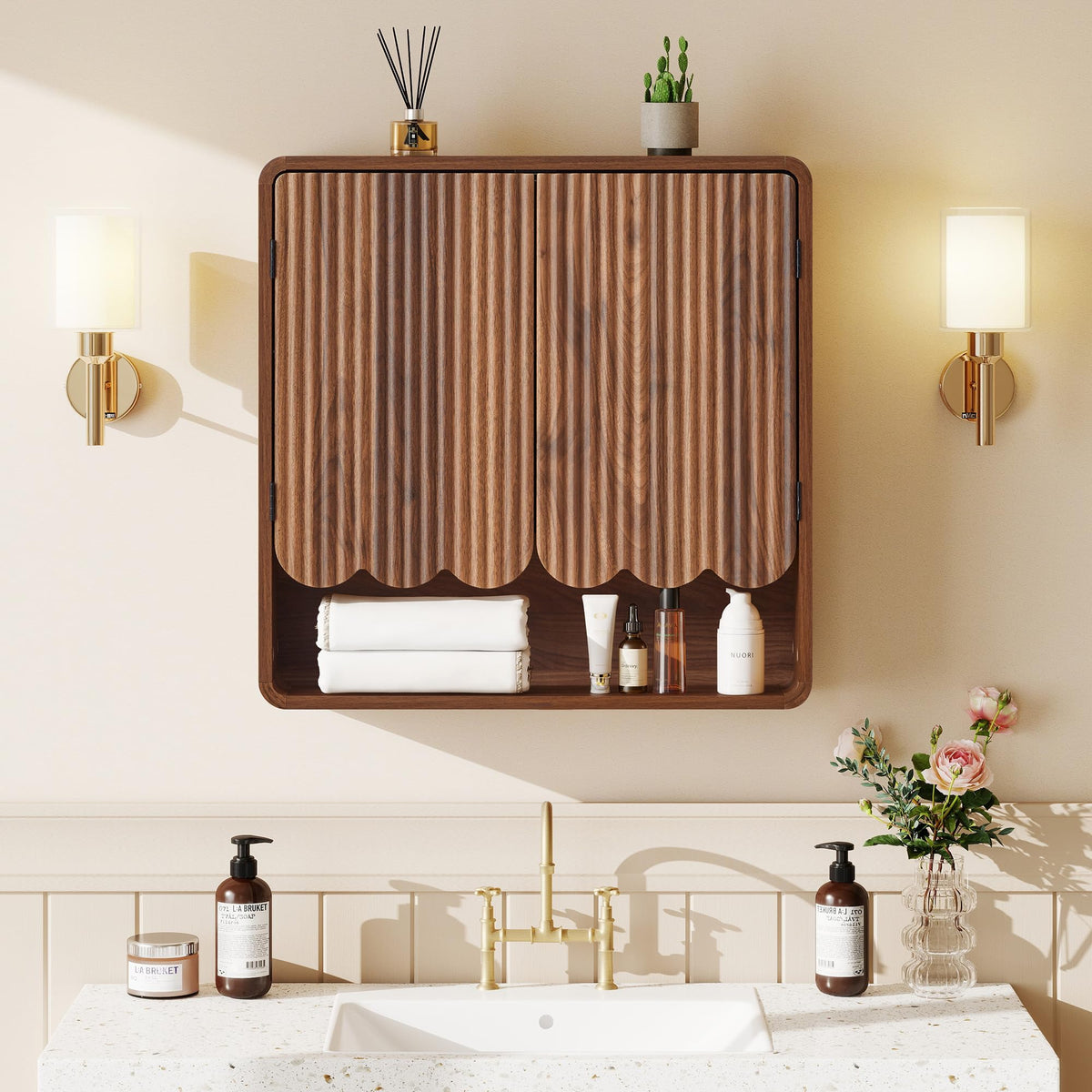 Walnut Fluted Bathroom Wall Cabinet Q7182