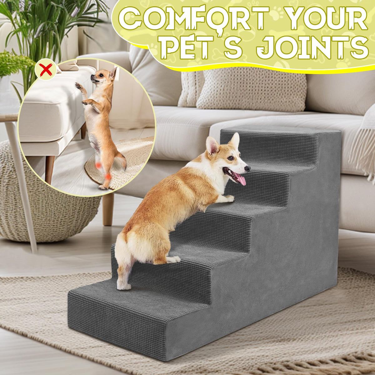 23”H Grey 5 Steps Non-Slip Foam Pet Stairs R93235