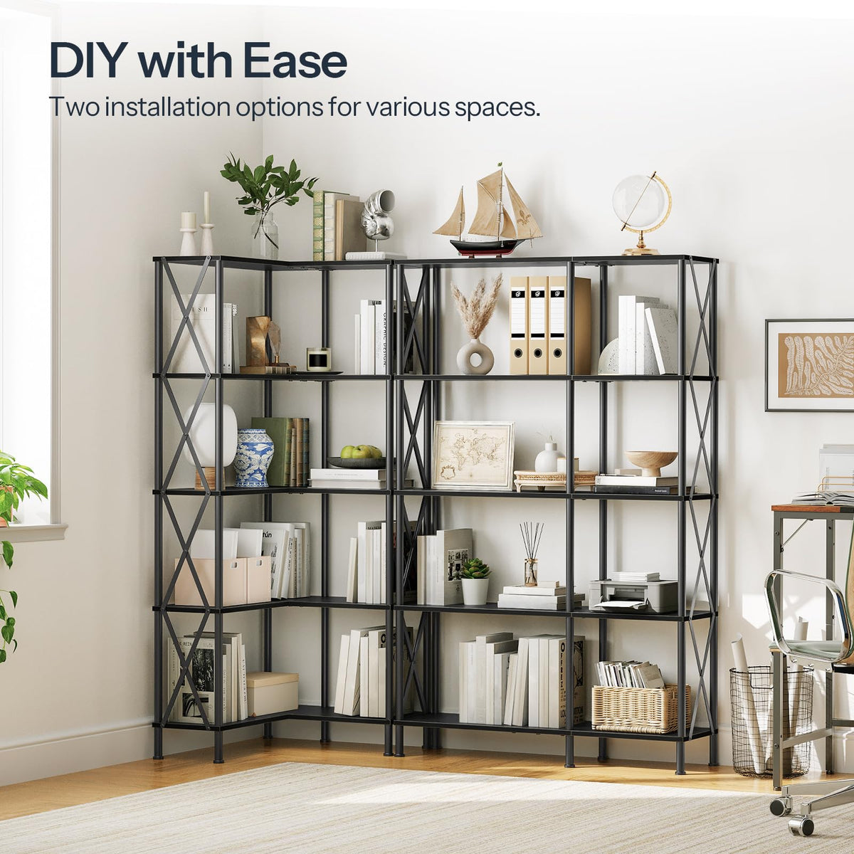 Black 5-Tier L-Shaped Corner Bookshelf X80751