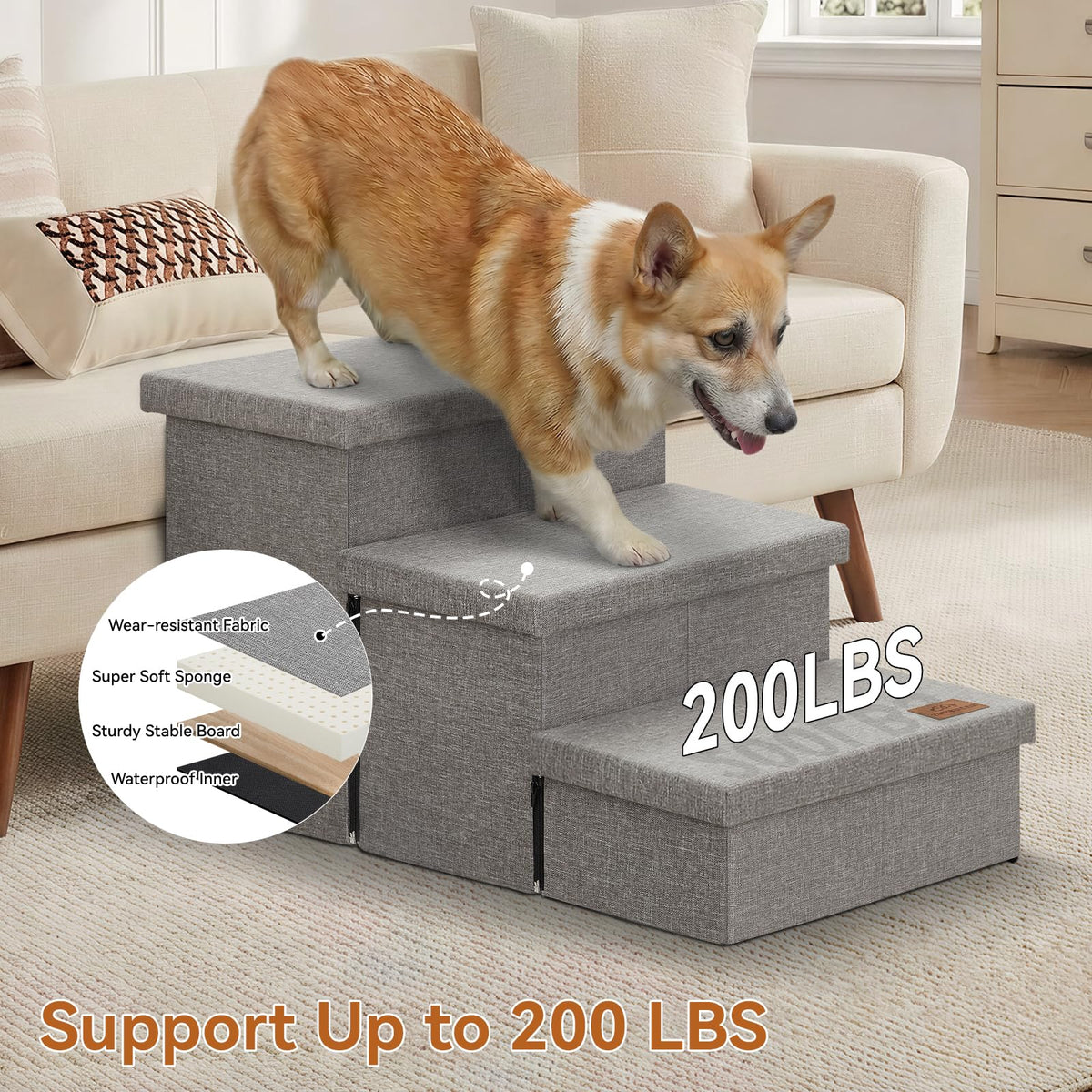 Grey 3 Steps Dog Stairs with Storage F77398