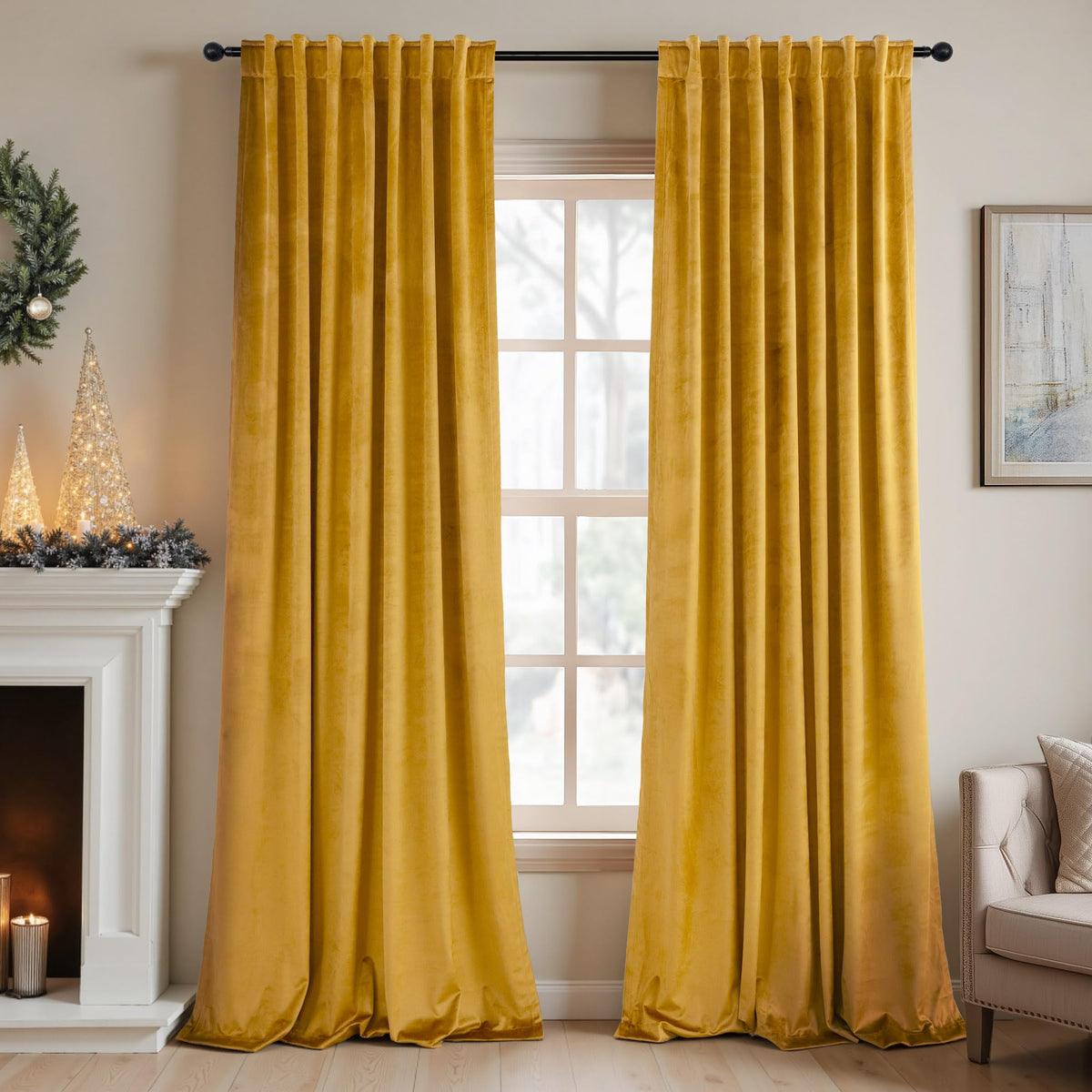 Mustard Yellow Gold Velvet Curtain 84 Inch 2 Panel T91369