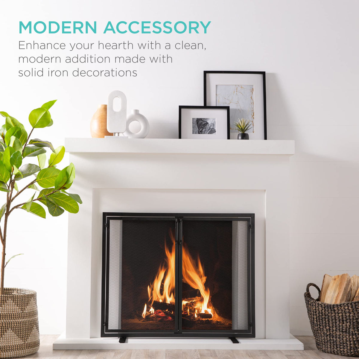 38.5x31in 2-Door Black Wrought Iron Fireplace Screen Y60711