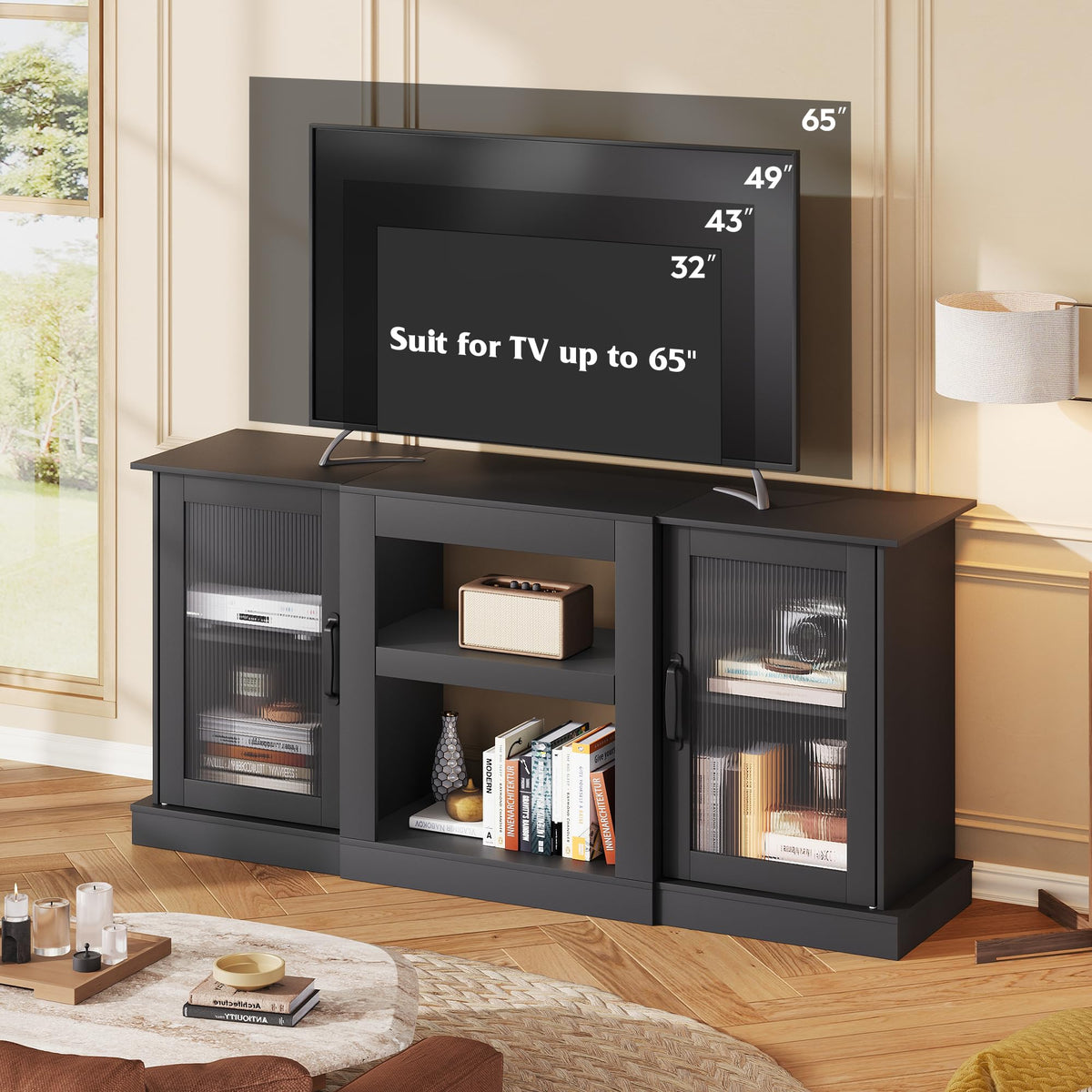 Black 58" TV Stand with Storage Cabinets and Adjustable Shelves A9714