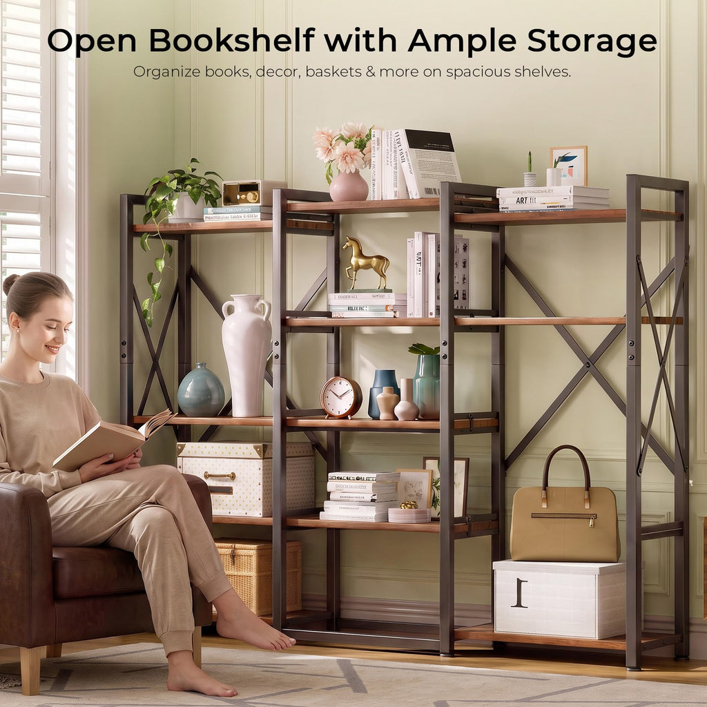 5-Tier Rustic Brown Bookshelf with Metal Frame Q200160