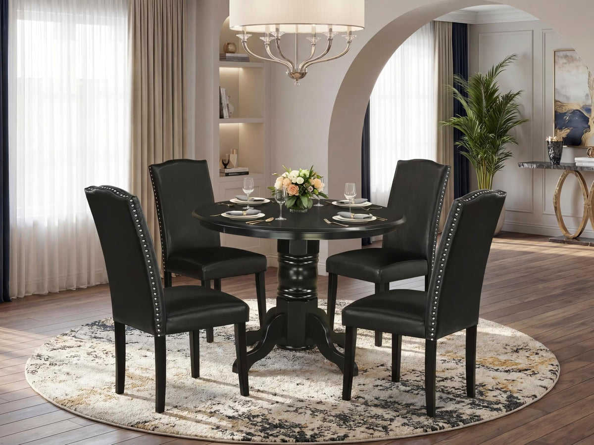 5 Piece Round Dining Table Set with 4 Black Faux Leather Chairs Q789577
