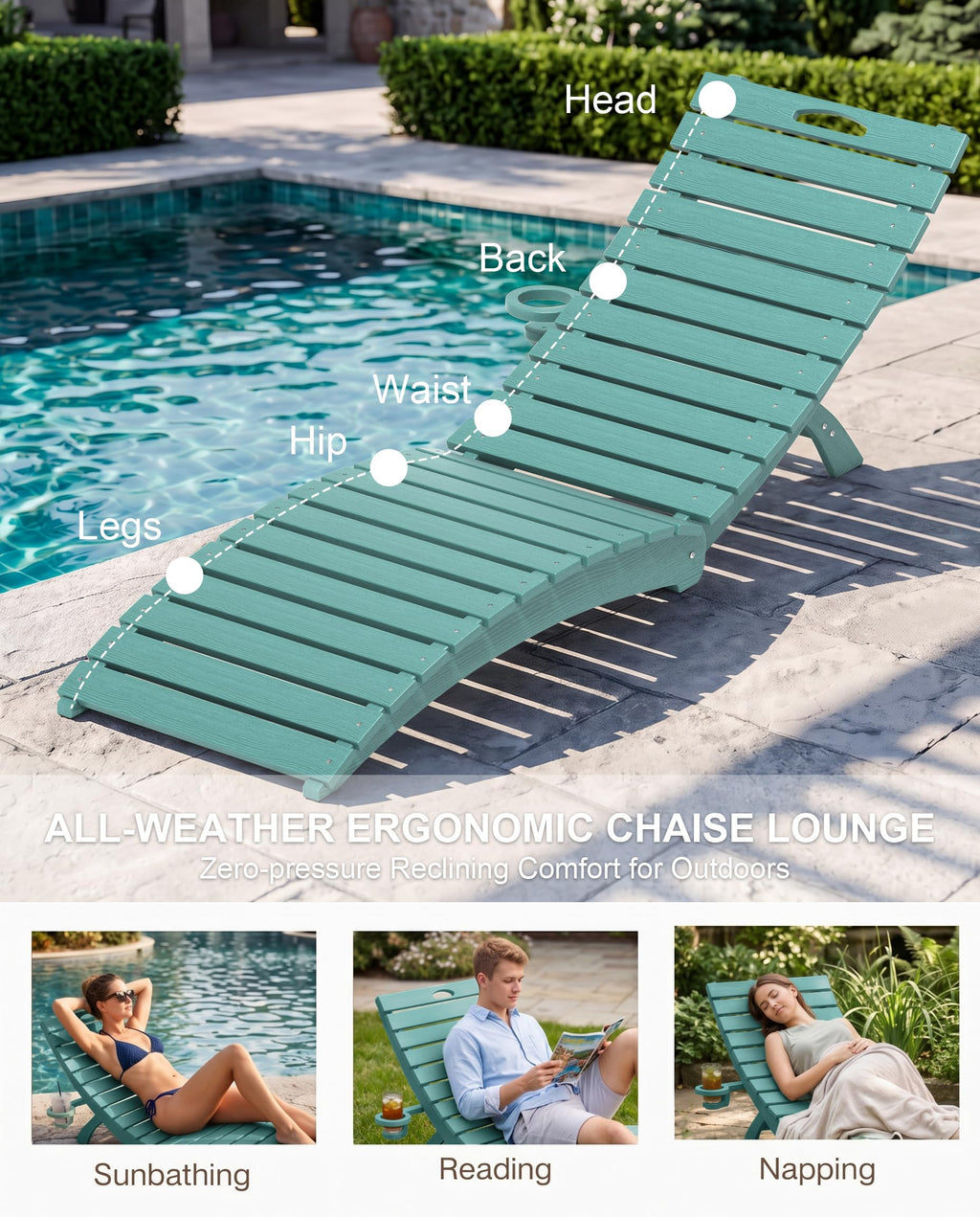 Blue HDPE Pool Chaise Lounge Chairs with Cup Holder, Set of 2 C686