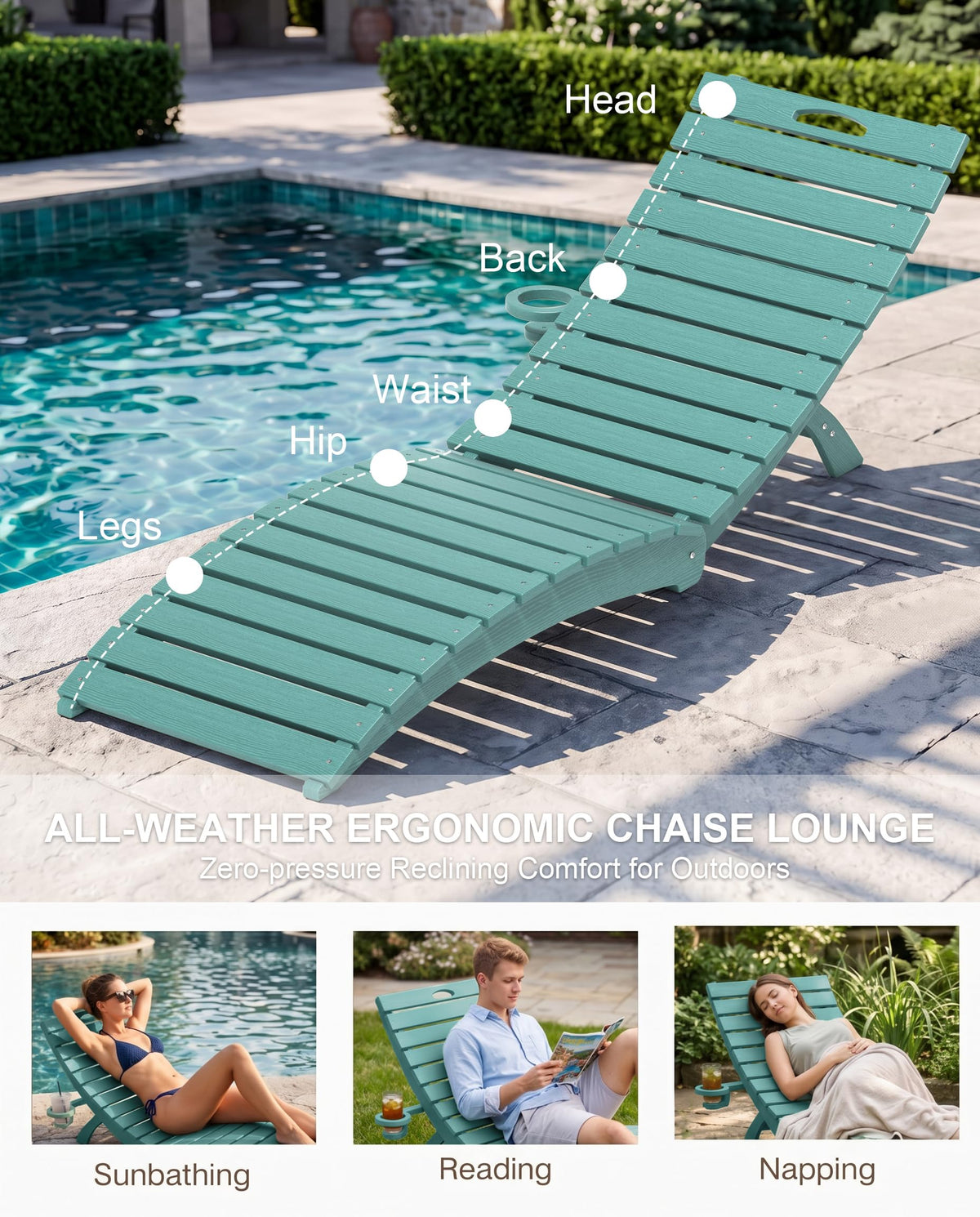 Blue HDPE Pool Chaise Lounge Chairs with Cup Holder, Set of 2 C686