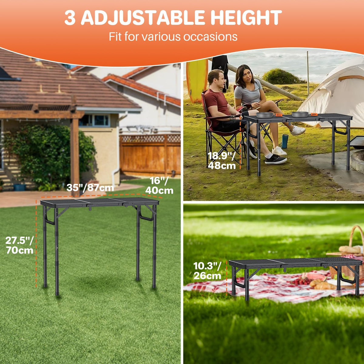 Folding Grill Table 3ft 3 Adjustable Heights Black B898748