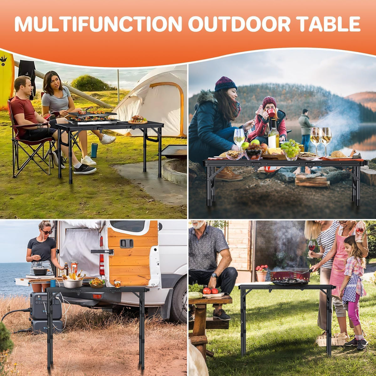 Folding Grill Table 3ft 3 Adjustable Heights Black B898748