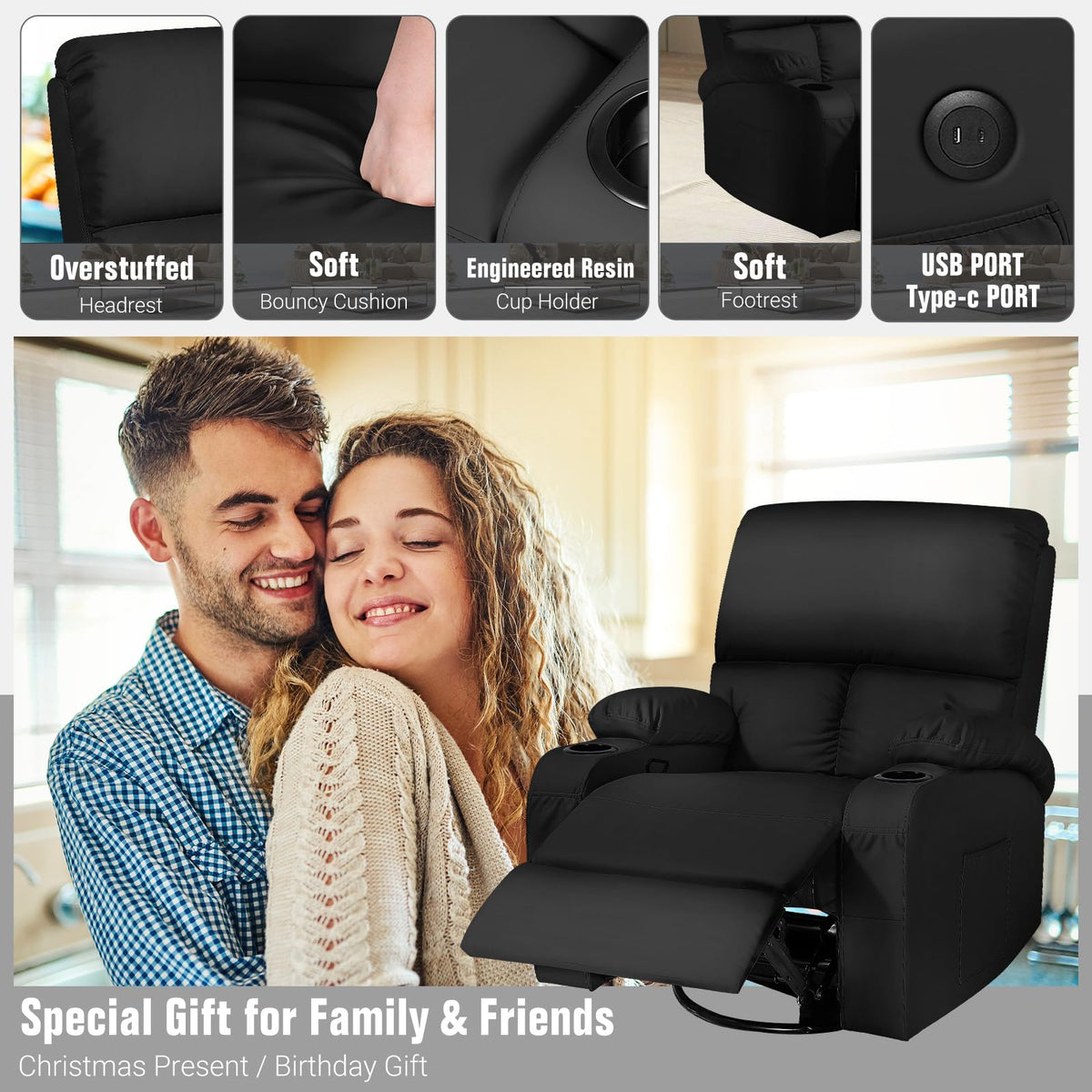 Black Faux Leather Massage Rocking Recliner Chair C7258