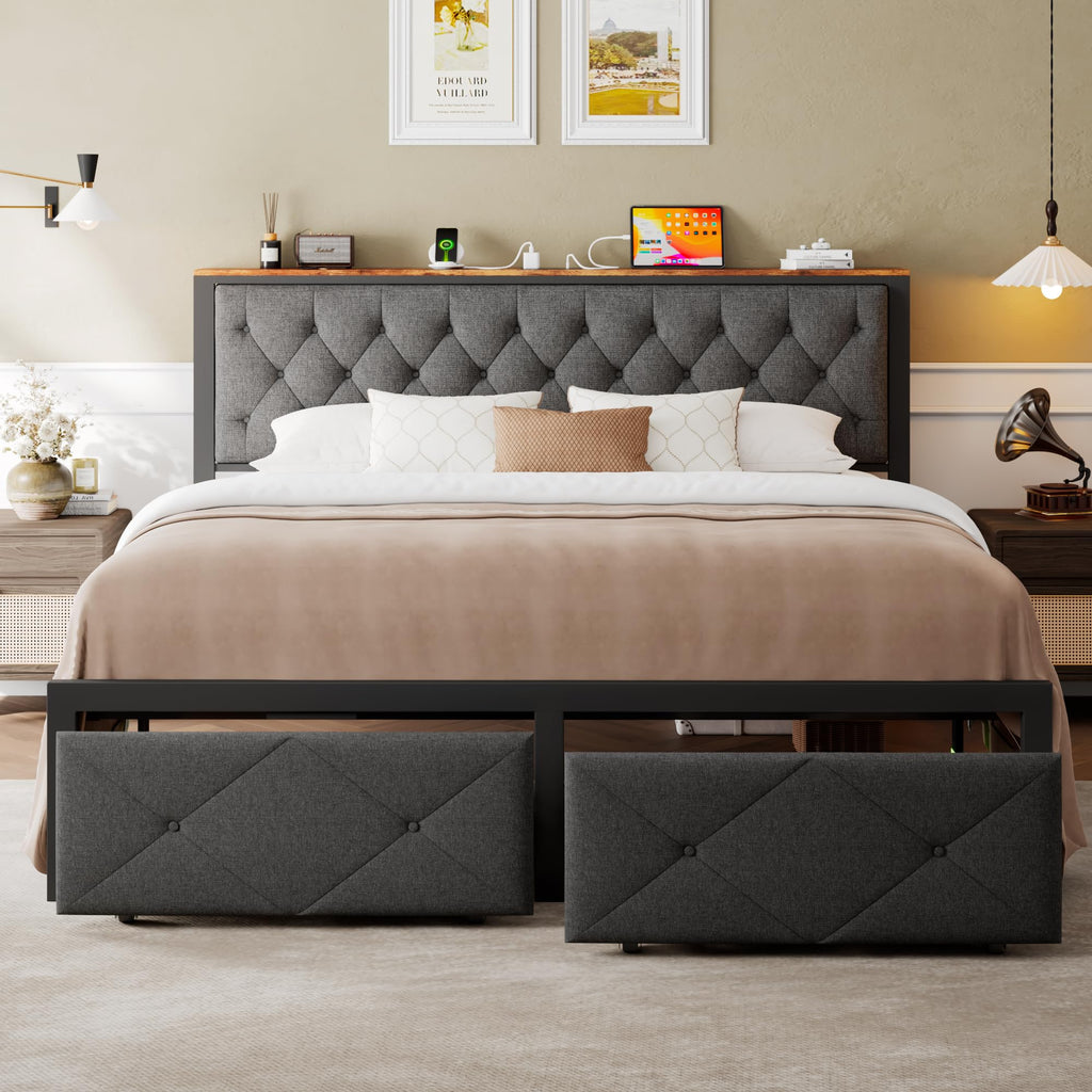 King Size Metal Platform Bed Frame with 2 Storage Drawers O292