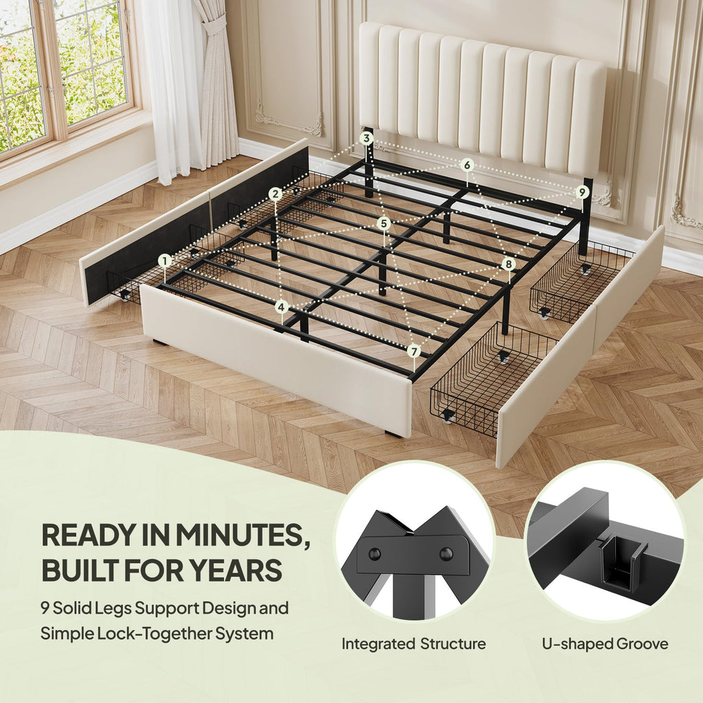 White Full Size Upholstered Bed Frame with Headboard & 4 Drawers K72087