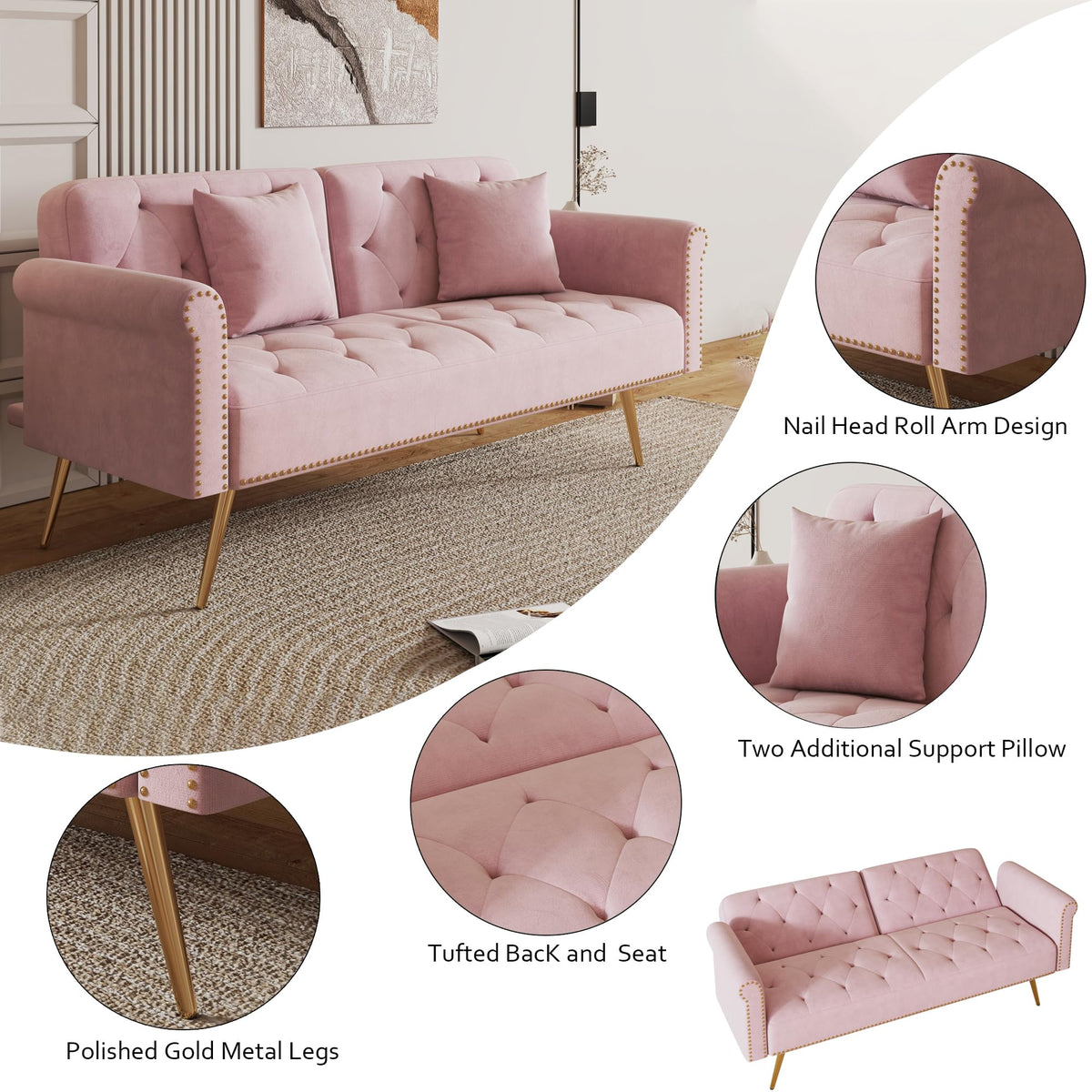 Pink Velvet Futon Sofa Bed E858727