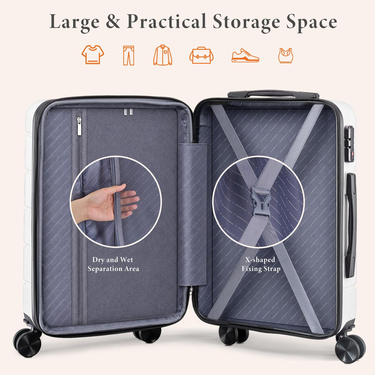 20 Inch White Hard Shell Carry on Luggage W8134