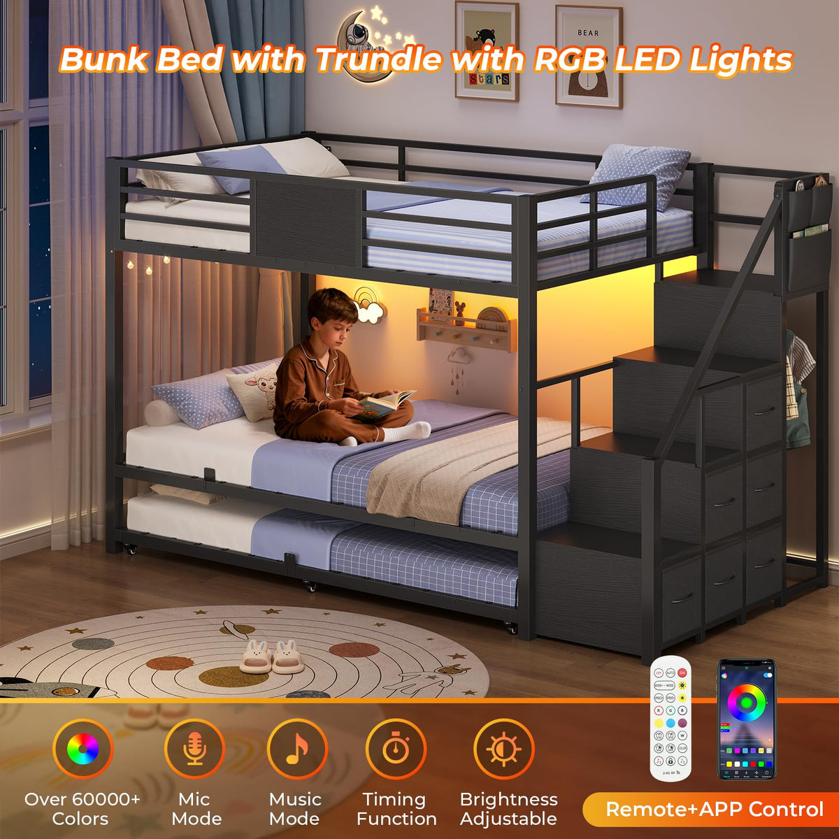 Twin Over Twin Bunk Bed with Trundle, Stairs, 6 Drawers, LED Lights O155559