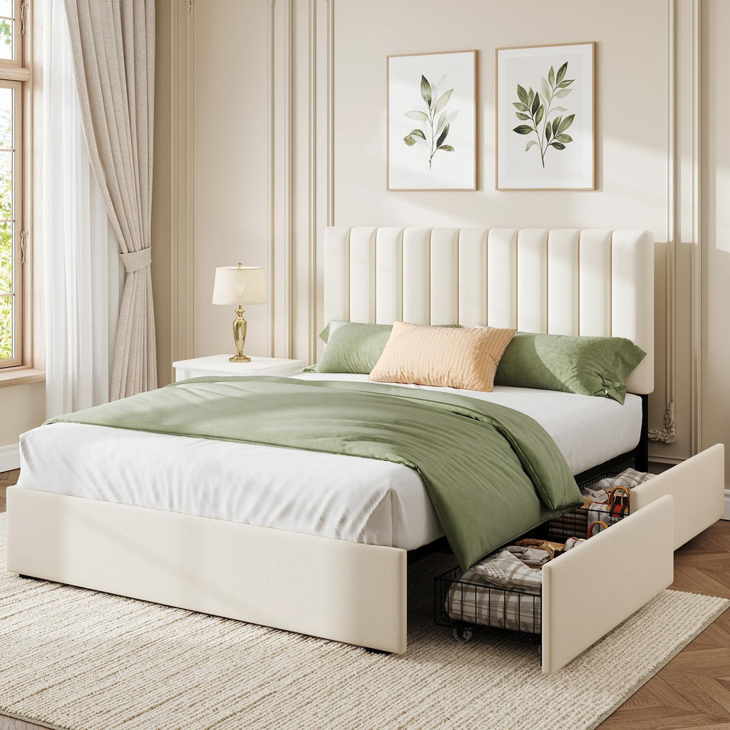 White Full Size Upholstered Bed Frame with Headboard & 4 Drawers K72087
