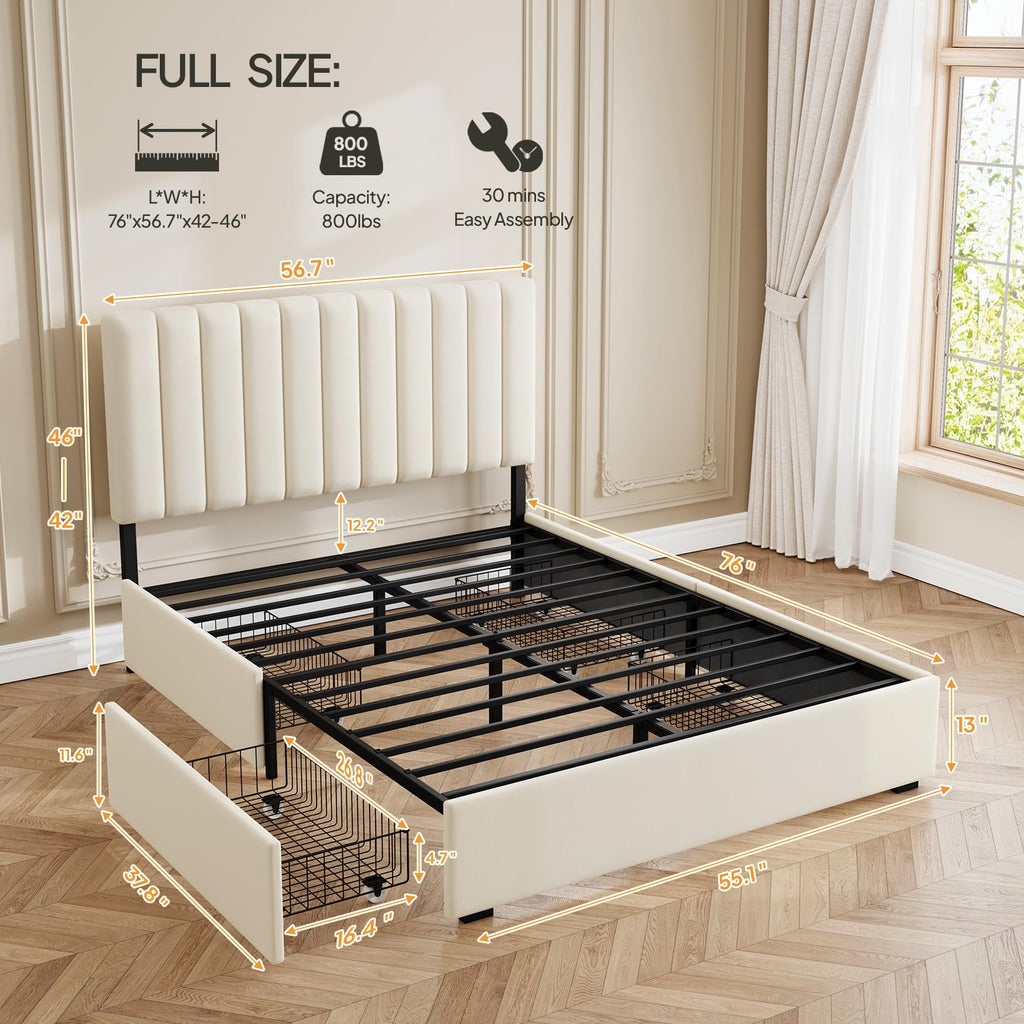White Full Size Upholstered Bed Frame with Headboard & 4 Drawers K72087