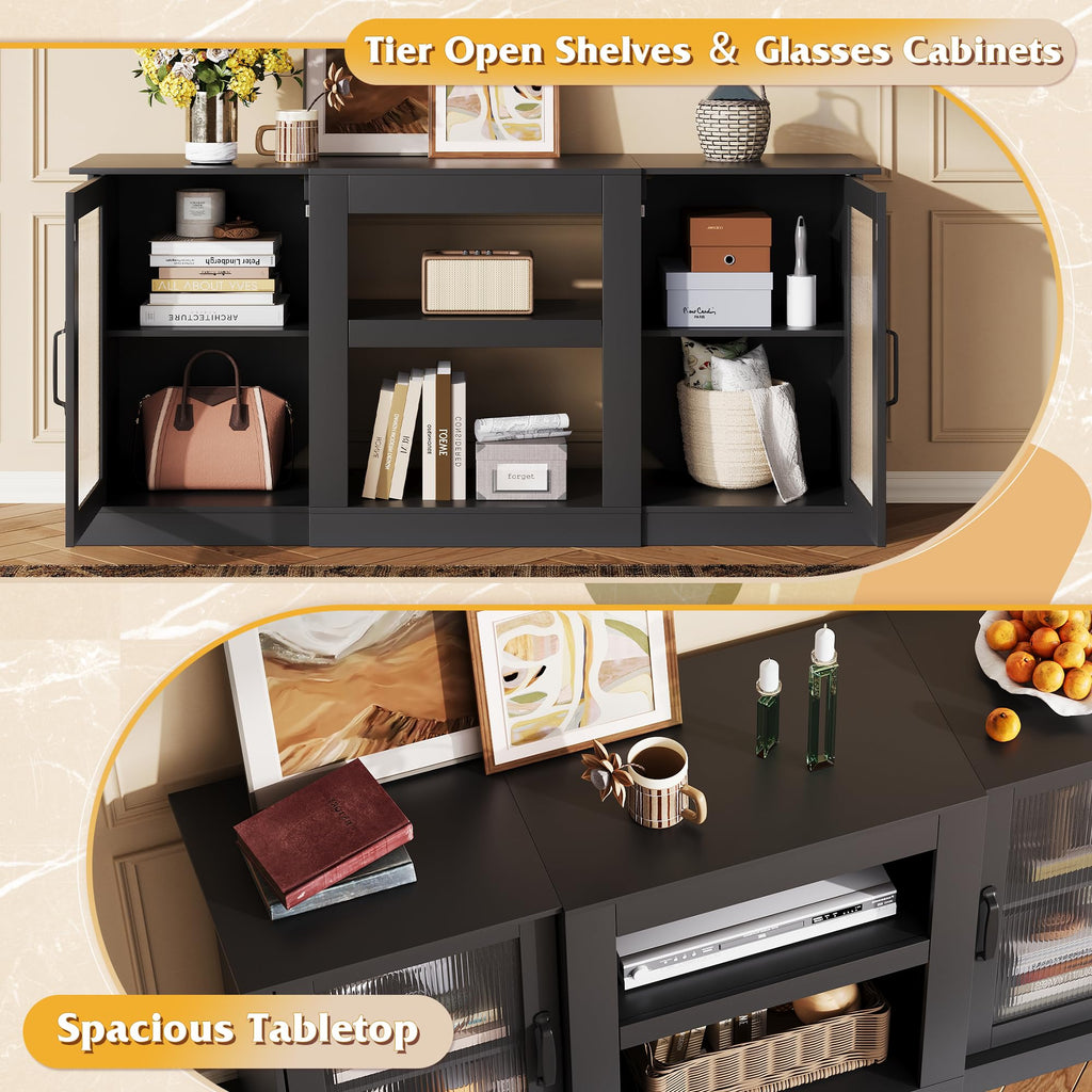 Black 58" TV Stand with Storage Cabinets and Adjustable Shelves A9714