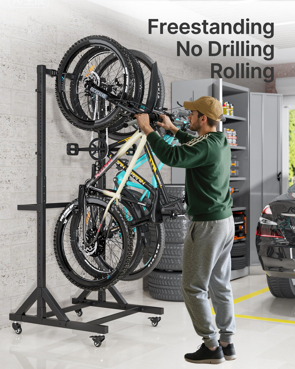 Freestanding Bike Storage Rack with Wheels for 3 Bikes M160060