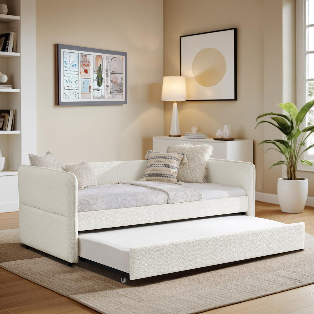 Twin Size Beige Boucle Upholstered Daybed with Trundle L903661