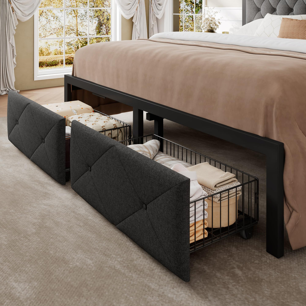 King Size Metal Platform Bed Frame with 2 Storage Drawers O292