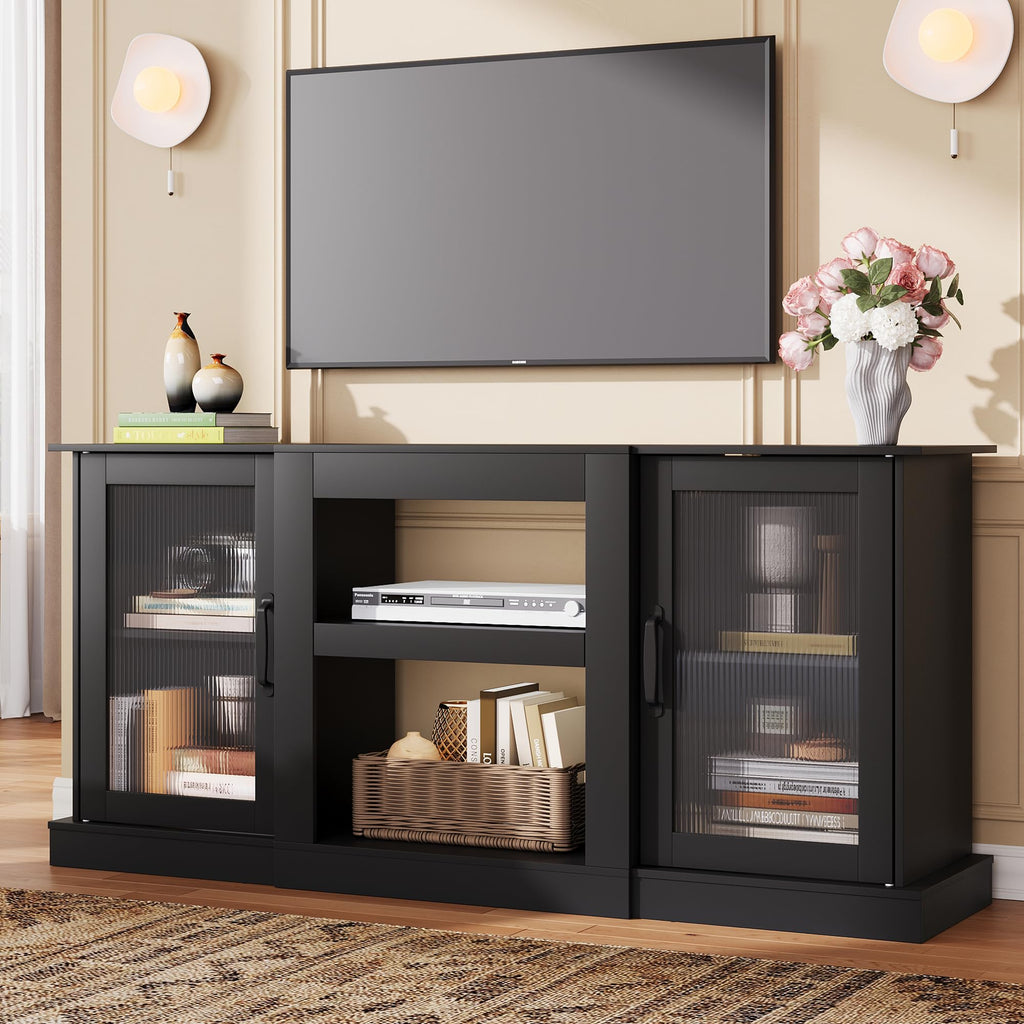 Black 58" TV Stand with Storage Cabinets and Adjustable Shelves A9714