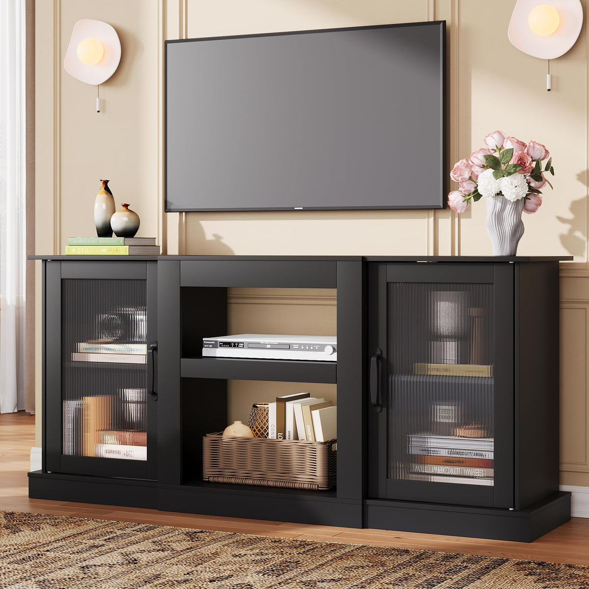 Black 58" TV Stand with Storage Cabinets and Adjustable Shelves A9714